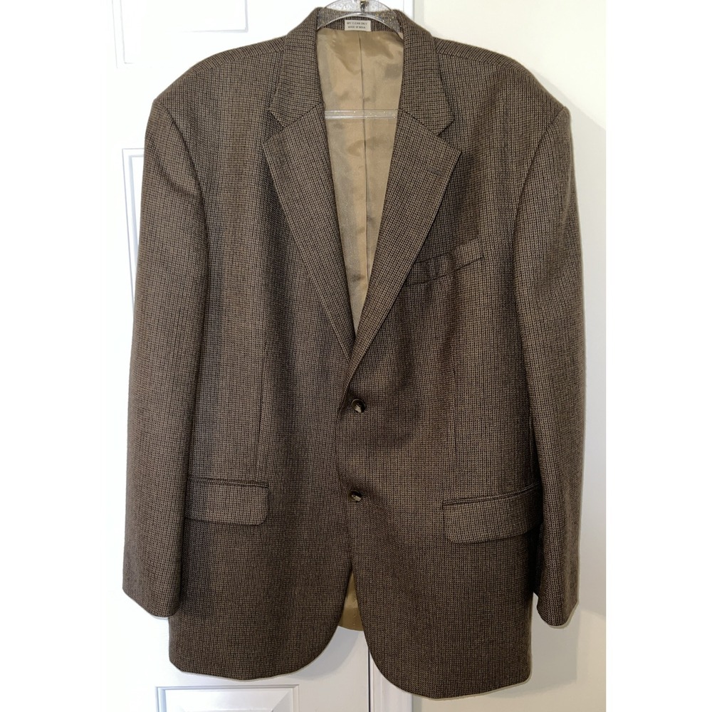 Oscar De La Renta Mens 46R Brown Sport Coat/ Jacket Houndstooth Lambs Wool